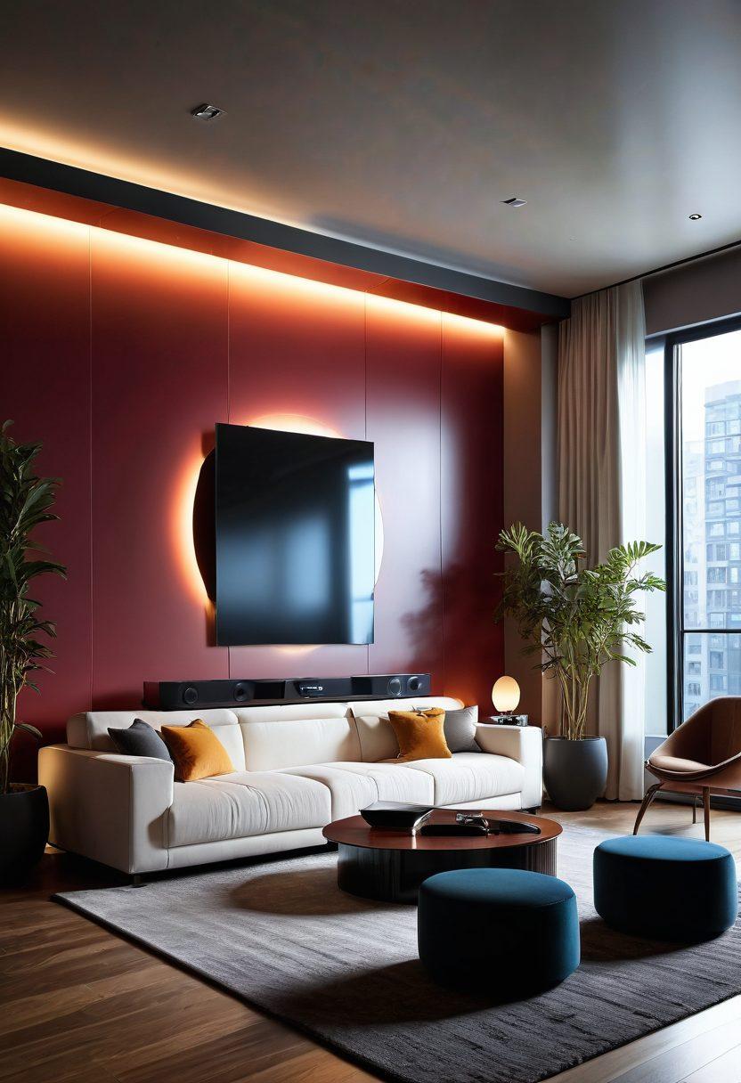 An immersive audio setup featuring a sleek modern sound system surrounded by elegant speakers, with a person deeply engaged in listening, eyes closed, enjoying the rich sound waves in a cozy room adorned with acoustic panels. Soft, ambient lighting creates a warm atmosphere, while reflections and sound vibrations visually ripple in the air, enhancing the sensation of sound. super-realistic. vibrant colors.
