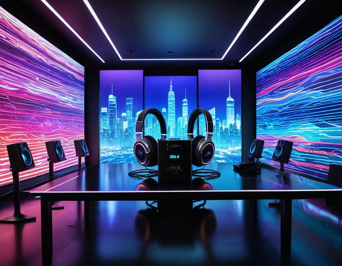 A futuristic sound studio filled with advanced stereophonic technology, featuring sleek audio equipment, vibrant sound waves visualized in colorful patterns, headphones that merge seamlessly with holographic elements radiating audio frequencies. The background showcases a modern city skyline symbolizing innovation. super-realistic. vibrant colors. 3D.