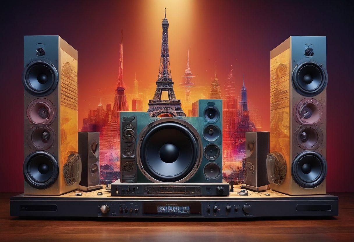 A dynamic audio setup featuring vintage and modern stereo speakers, intertwined with colorful sound waves emanating from them. Include an abstract representation of global landmarks surrounding the speakers to symbolize the 'world' aspect of sound. The background should have a blend of music notes and high-tech sound equipment. The overall vibe should be vibrant and engaging, inviting viewers into the magical world of sound. super-realistic. vibrant colors. abstract elements.